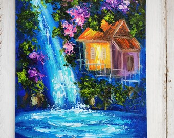 Hawaii art, tropical wall art, impasto oil painting, palette knife, Hawaiian artwork, waterfall landscape, homemade artwork by MilaPollyart