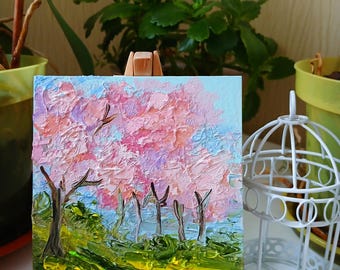 Cherry blossom tree painting, spring mini painting, original oil art on small canvas, Happy Mothers day, blossom tree art by MilaPollyart