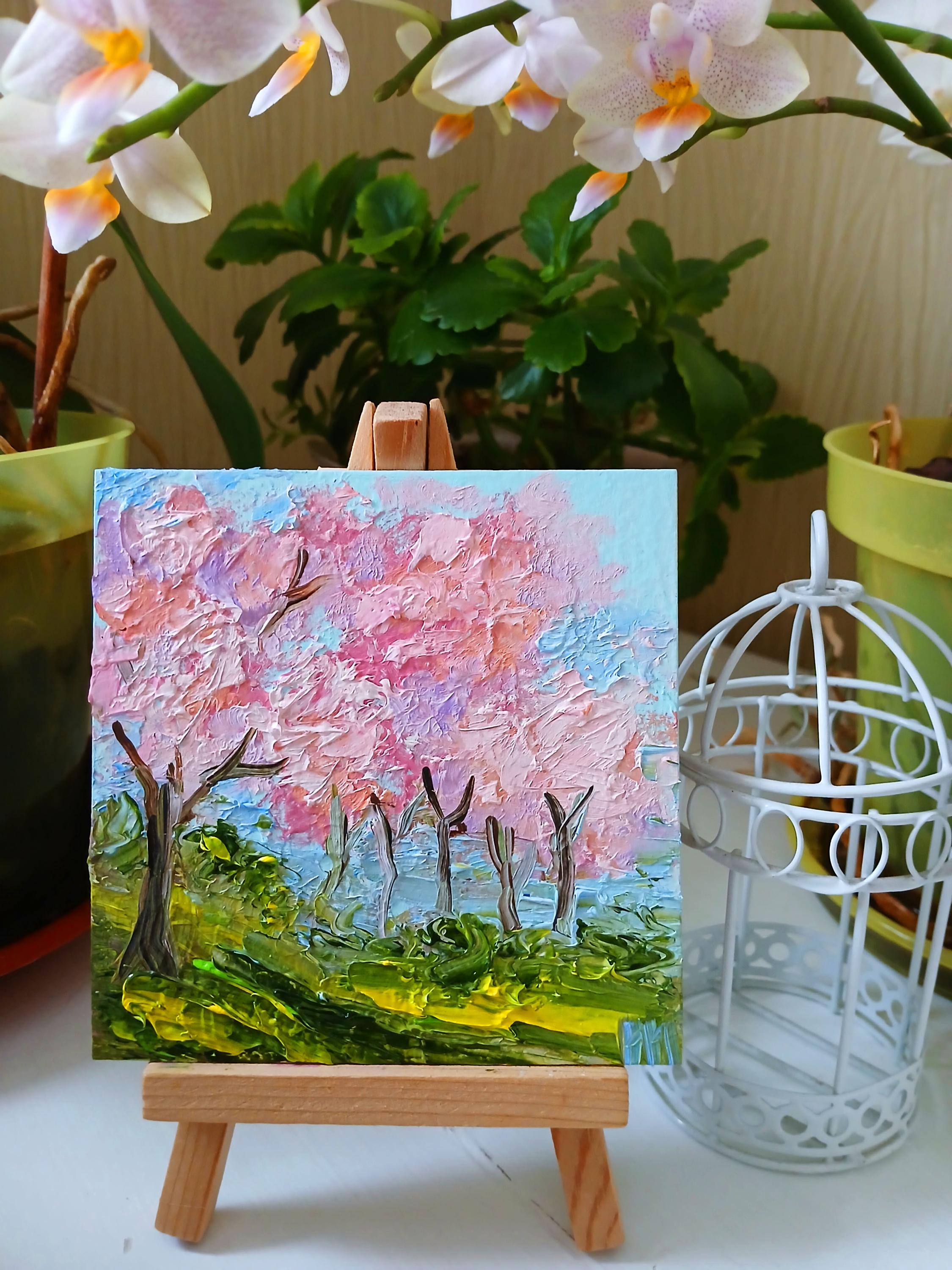 桜の木の絵画、春のミニ絵画、小さなキャンバスに描かれたオリジナルの