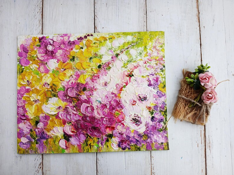 Arte abstracto en lienzo pequeño, mini pintura rosa, obra de arte empastada, arte abstracto floral, arte de campo de flores de pradera, decoración de apartamentos imagen 10