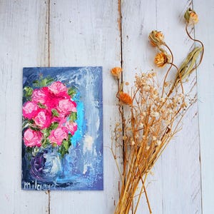Peinture de fleurs roses Mini toile d'art empâtement Oeuvre d'art florale Petite peinture à l'huile Peinture de fleurs de jardin Cartes de remerciement Cadeau belle-fille