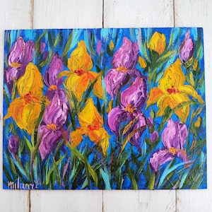 Meadow impasto flowers original oil painting on canvas, purple blue bedroom wall art, wildflowers blossom abstract, special gift for her