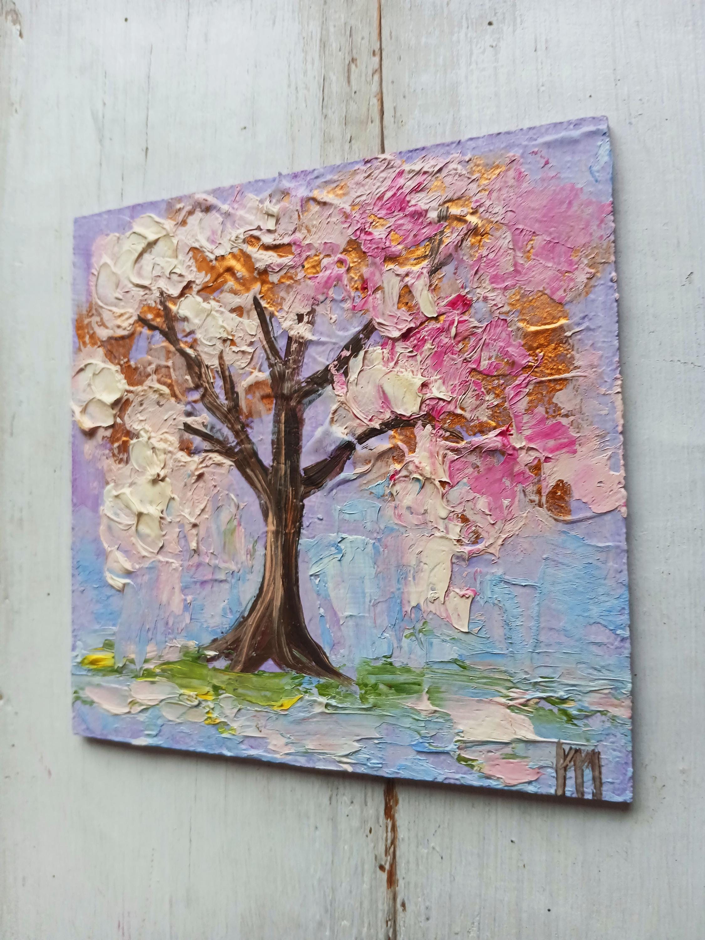 Cherry Blossom Painting Impasto Oil Painting Small Canvas Pink Floral ...