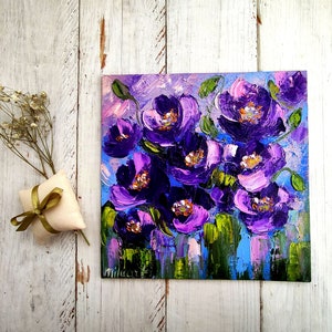 Fiori saluto dipinto a olio originale su piccola tela biglietto regalo di compleanno Mini dipinto Impasto Regalo per ragazze adorabile Biglietto di auguri dipinto a mano