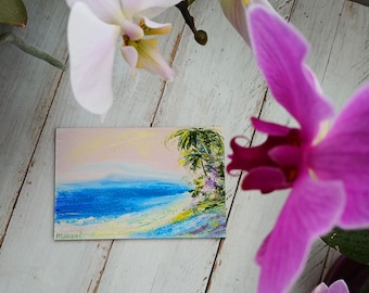 Mini pintura tropical Paisaje de empastes Playa Palmeras pintura al óleo sobre lienzo pequeño Paraíso Arte de Hawaii Playa colorida Paisaje en miniatura