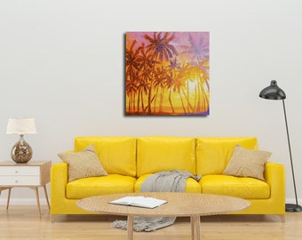 Oversized wall art Large oil painting Palm tree art Impasto painting Sunset artwork Hawaii oil painting on canvas Tropical scenic landscape