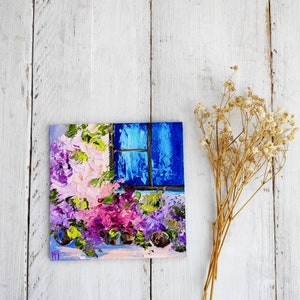 Pequena pintura a óleo Mini arte em tela Arte floral a óleo Jardim em flor Pintura a óleo 4x4 Pintura ucraniana Cartão de aniversário exclusivo Presente para madrasta