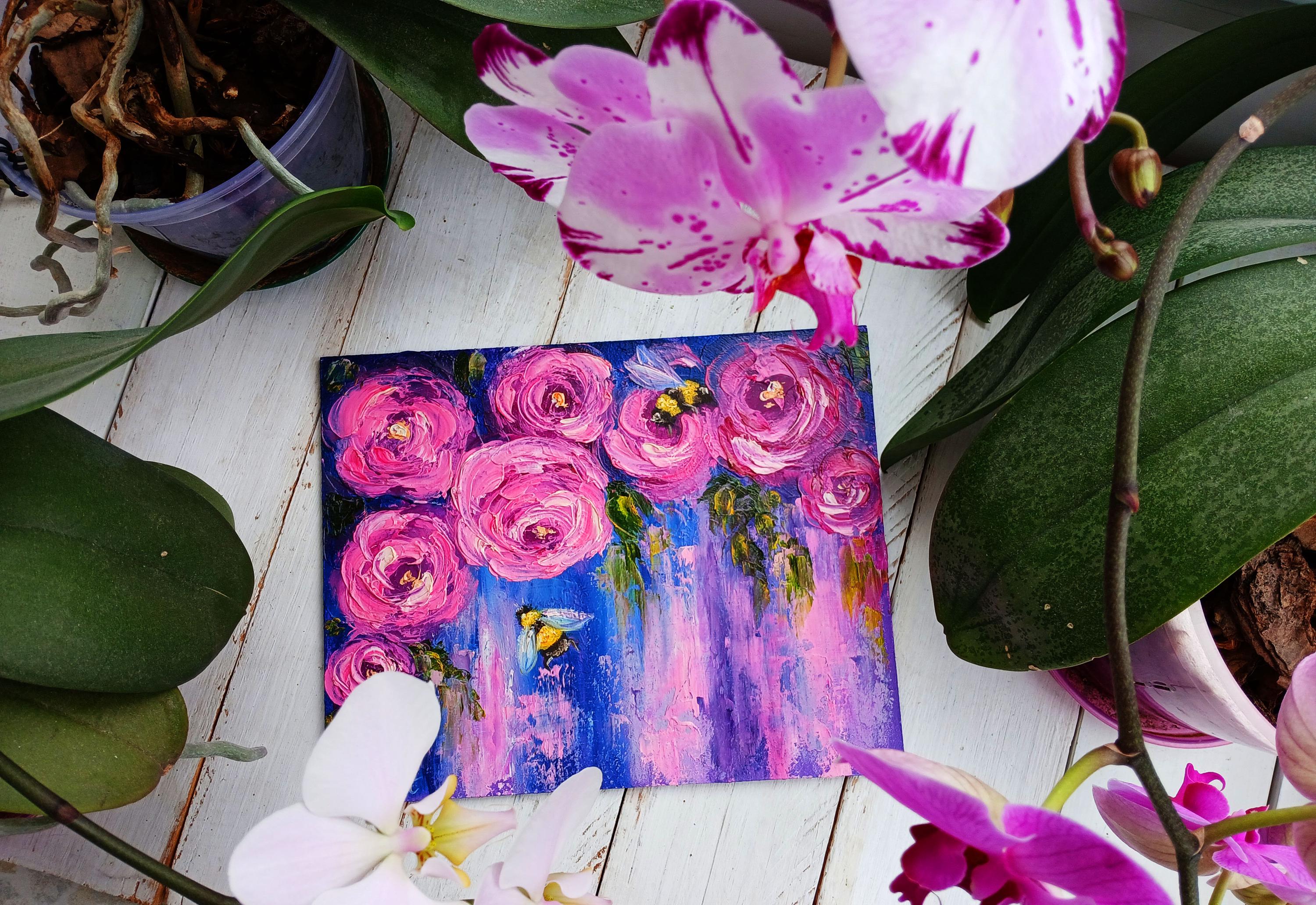 紫のバラの花のアートオリジナル油絵キャンバス、ライラックの抽象的な