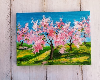 Floral painting Cherry blossom art Birthday presents for mom Impasto painting Presents for grandma Small painting Gift for aunt