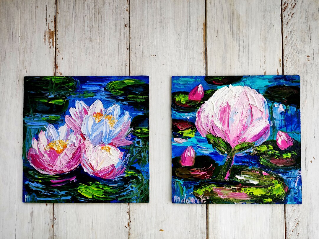Lotus Painting Set Mini Canvas Art Water Lily Impasto Oil Painting 2 ...