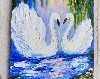 湖の上の白鳥 ミニチュア絵画 オリジナル油絵キャンバス インパスト