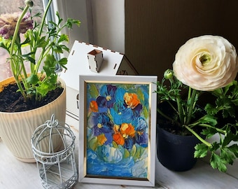 パンジーの絵画 小さな額入りアート ミニキャンバスアート 花のミニ油絵 ウクライナの絵画 紫の花 テクスチャーのある絵画 額入りアート作品
