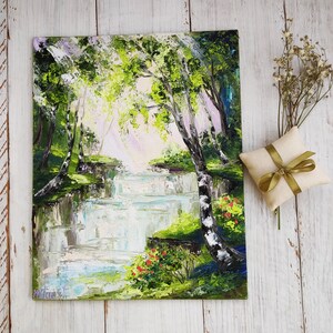 Słoneczny las na płótnie, impasto krajobraz, wiosenna natura, brzoza, dzieło sztuki przedstawiające rzekę, mały prezent dla najlepszego przyjaciela, dekoracja ścienna domu