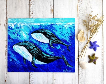 Whale painting, underwater textured wall art, palette knife painting, impasto 3d oil paintings on canvas 8x10, art by MilaPollyart