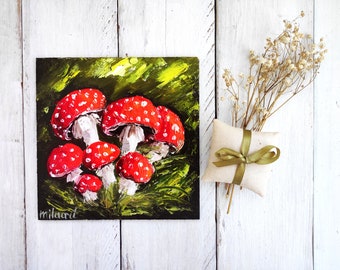 Mushroom mini art Cottagecore decor original oil painting on small canvas Beautiful nature miniature Mushroom decor Country style