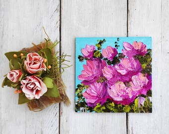 Floral mini oil painting Abstract blossom oil painting 4x4 painting Birthday presents Meadow painting Pink flower painting Gift for aunt