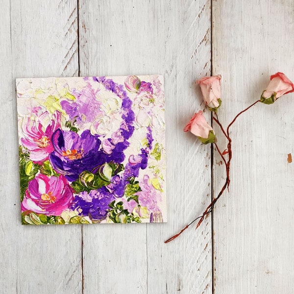 Mini canvas painting 4x4 oil painting Presents for mom Mini painting flower Blossom garden art Floral oil artwork Mini canvas Mom presents