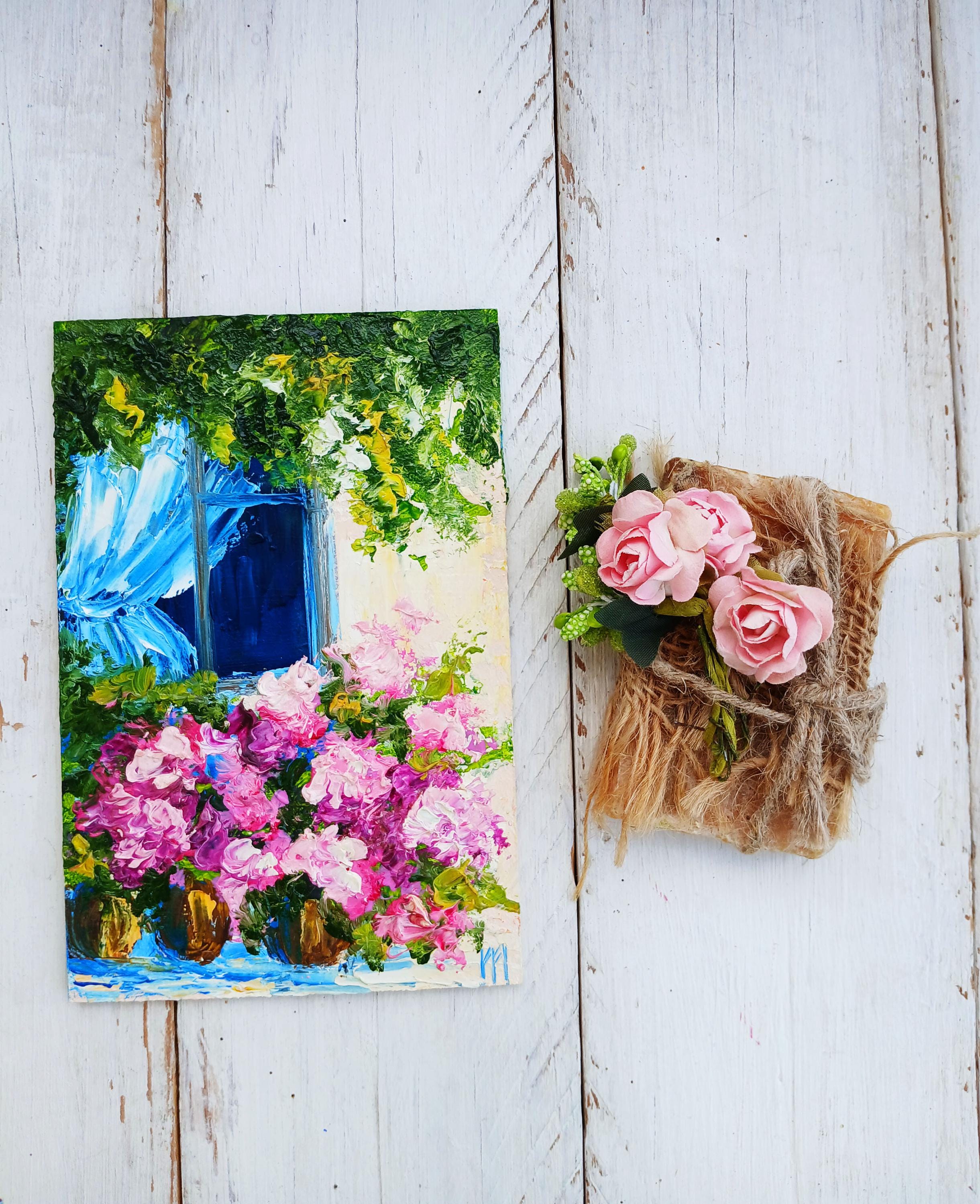 野花の小さな絵画、ピンクの庭の花のアート、キッチンミニキャンバス