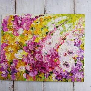 Arte abstracto en lienzo pequeño, mini pintura rosa, obra de arte empastada, arte abstracto floral, arte de campo de flores de pradera, decoración de apartamentos imagen 8