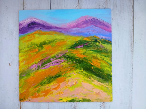 黄色い花畑のオリジナル油絵キャンバスに描かれたインパスト抽象