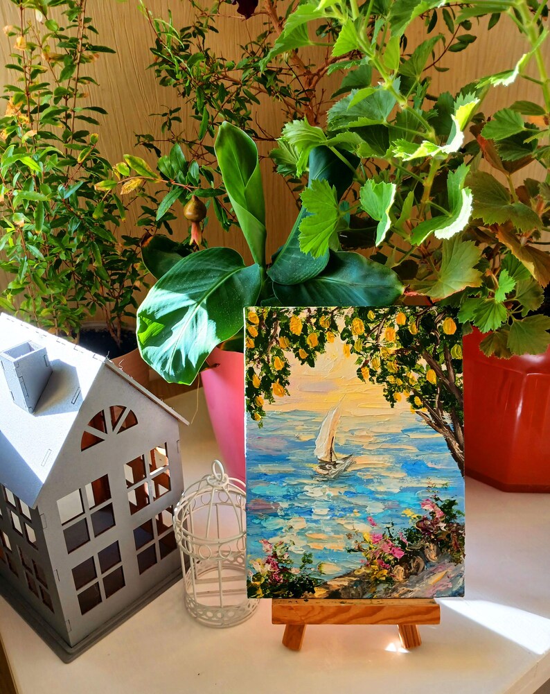Amalfiküste Kleines Ölgemälde Seaside Kunstwerk Mini Leinwand Gemälde Italienisches Kunstwerk Jubiläumsgeschenke Landschaftsbilder Geburtstagsgeschenke Bild 2