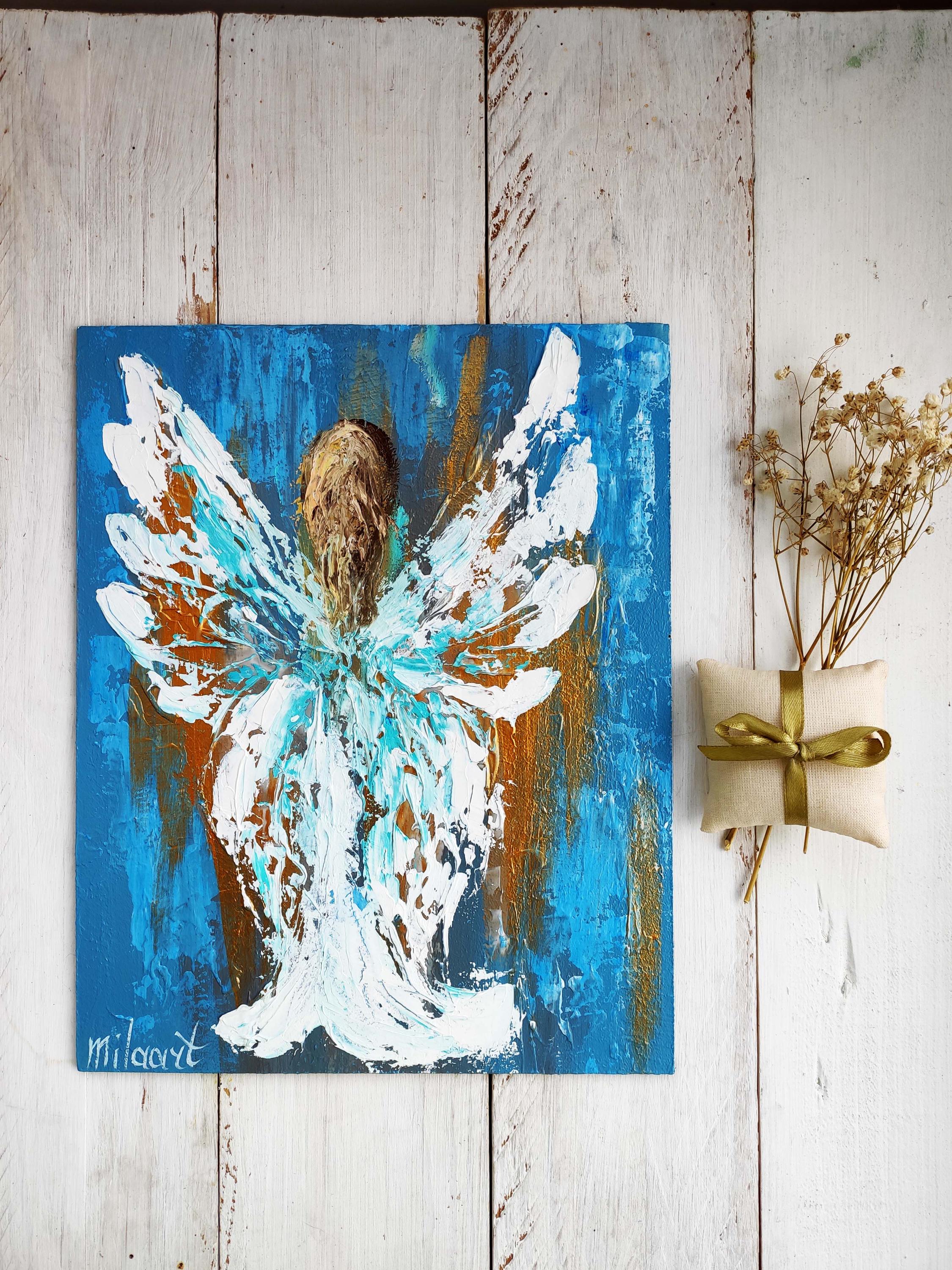 天使の絵画、守護天使のアート、キャンバスに描いた厚塗りの油絵、天使