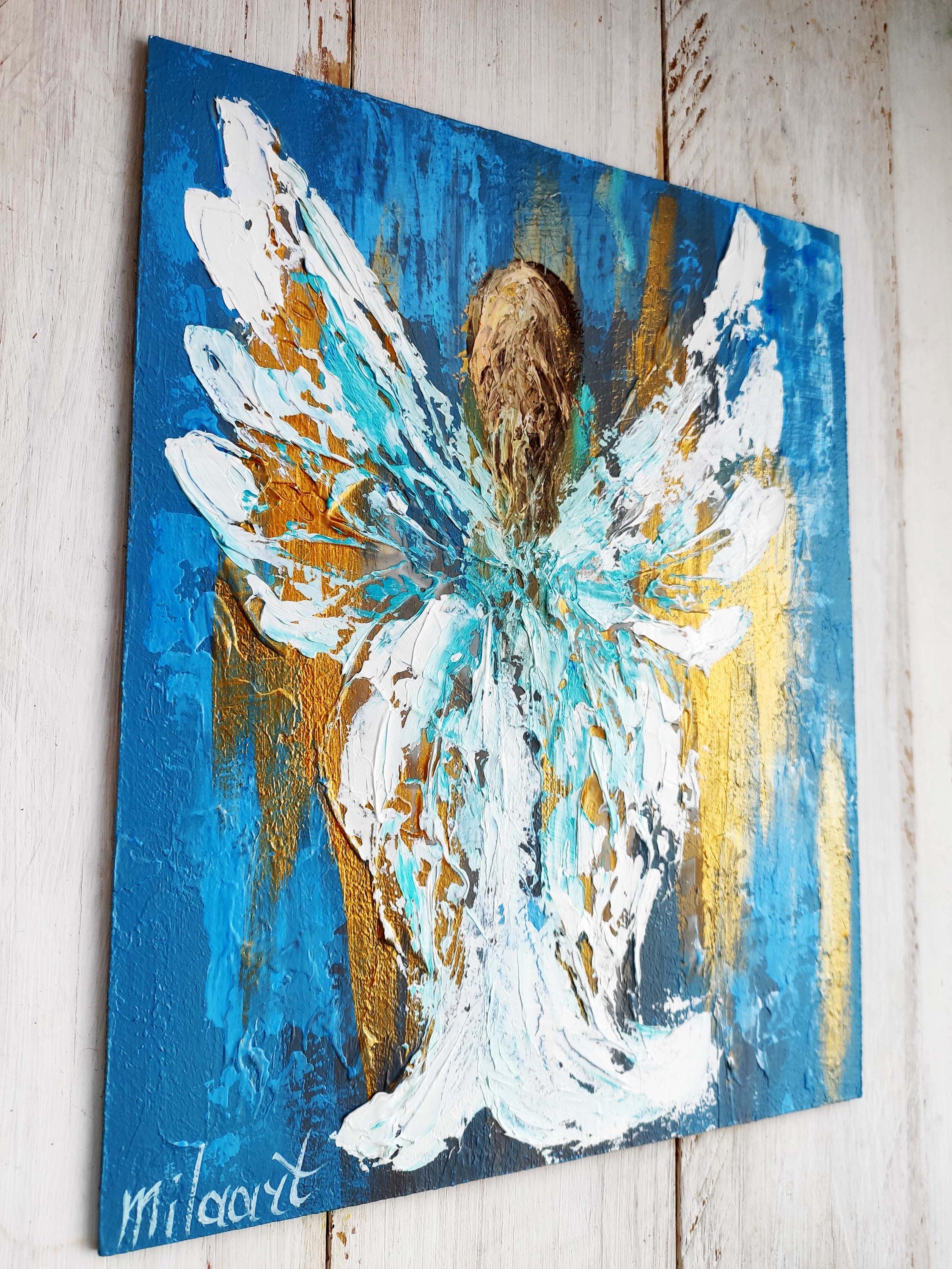 天使の絵画、守護天使のアート、キャンバスに描いた厚塗りの油絵、天使