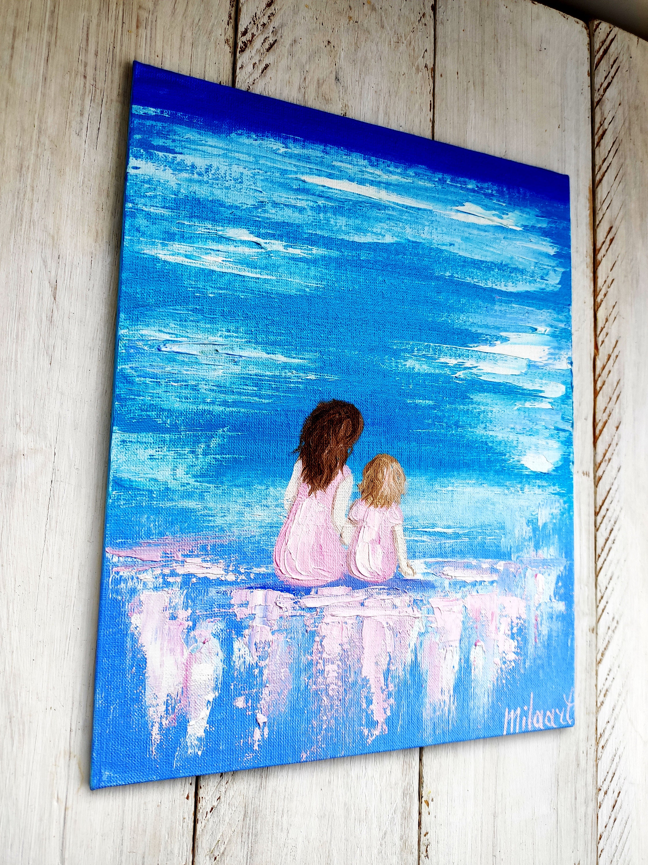 油彩画 子供と女性の風景 母と娘 ミニチュア絵画 オリジナル油絵キャンバス ビーチの風景 素敵な
