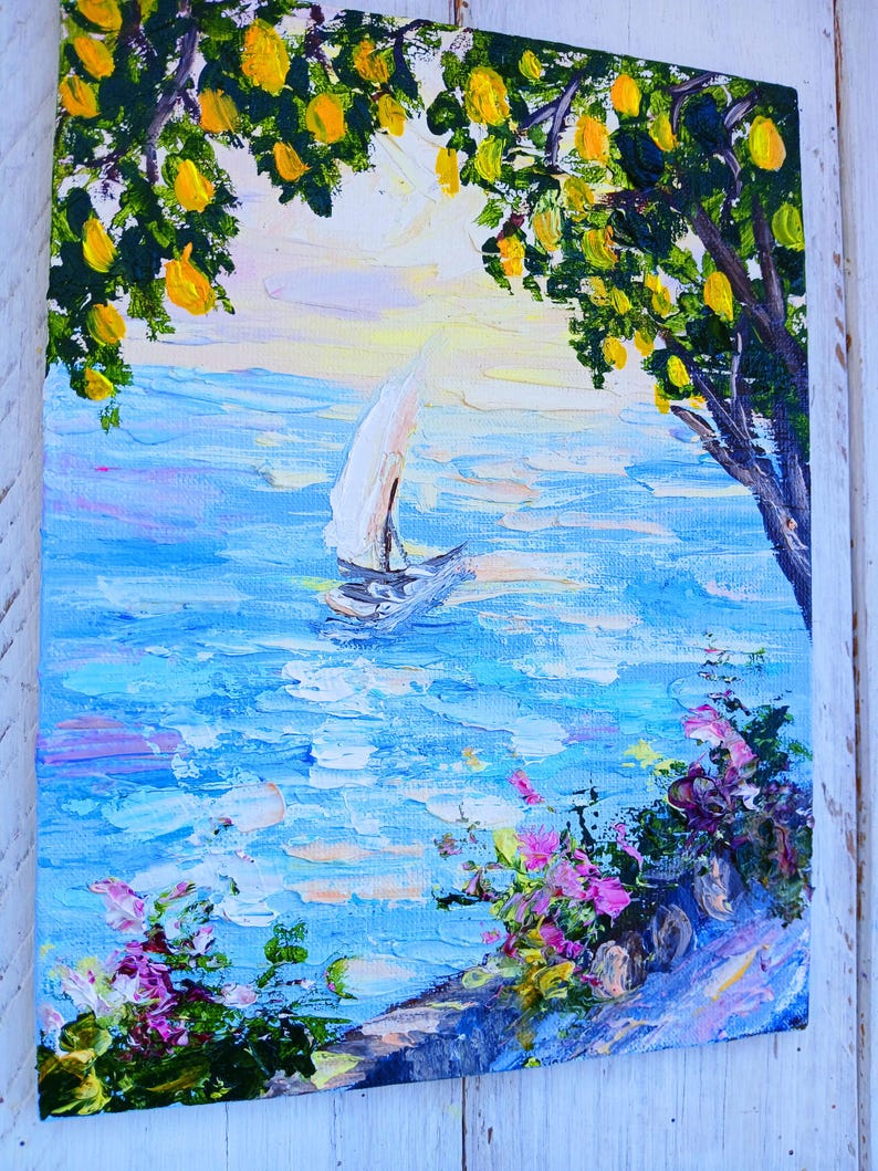Amalfiküste Kleines Ölgemälde Seaside Kunstwerk Mini Leinwand Gemälde Italienisches Kunstwerk Jubiläumsgeschenke Landschaftsbilder Geburtstagsgeschenke Bild 3