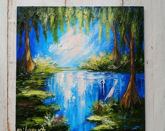 ルイジアナ沼地の水彩画：糸杉の木々の風景画（6x8） - Etsy 日本