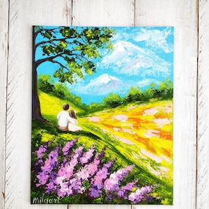 Couple love story original oil painting on canvas Impasto meadow flower Family romantic Field flowers art New family gift Colorful landscape