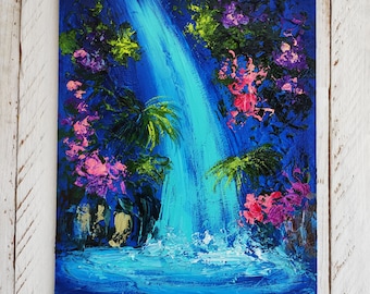 Large oil painting Hawaii painting Tropical waterfall oil painting on canvas Oversize art work Palm tree Texture wall art Knife painting