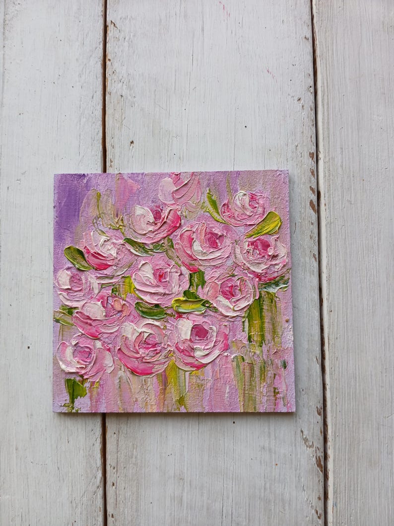 Mini pintura de rosas Pequeña pintura al óleo floral Flores empastadas Regalo para mamá Flores en miniatura Regalo de cumpleaños para un amigo Obra de arte de rosas imagen 10