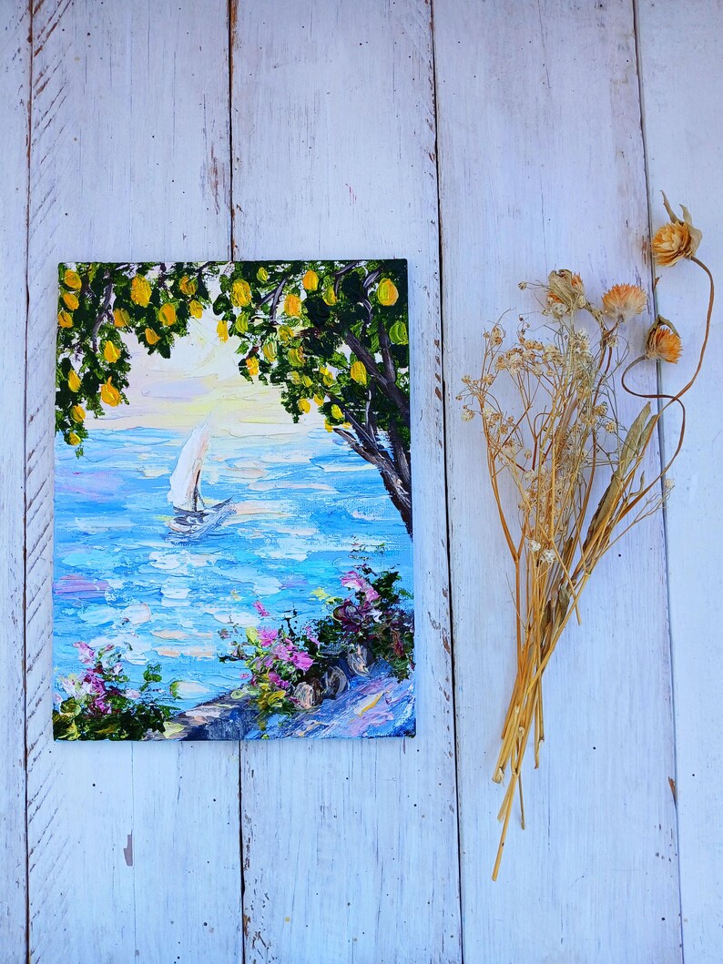 Amalfiküste Kleines Ölgemälde Seaside Kunstwerk Mini Leinwand Gemälde Italienisches Kunstwerk Jubiläumsgeschenke Landschaftsbilder Geburtstagsgeschenke Bild 9