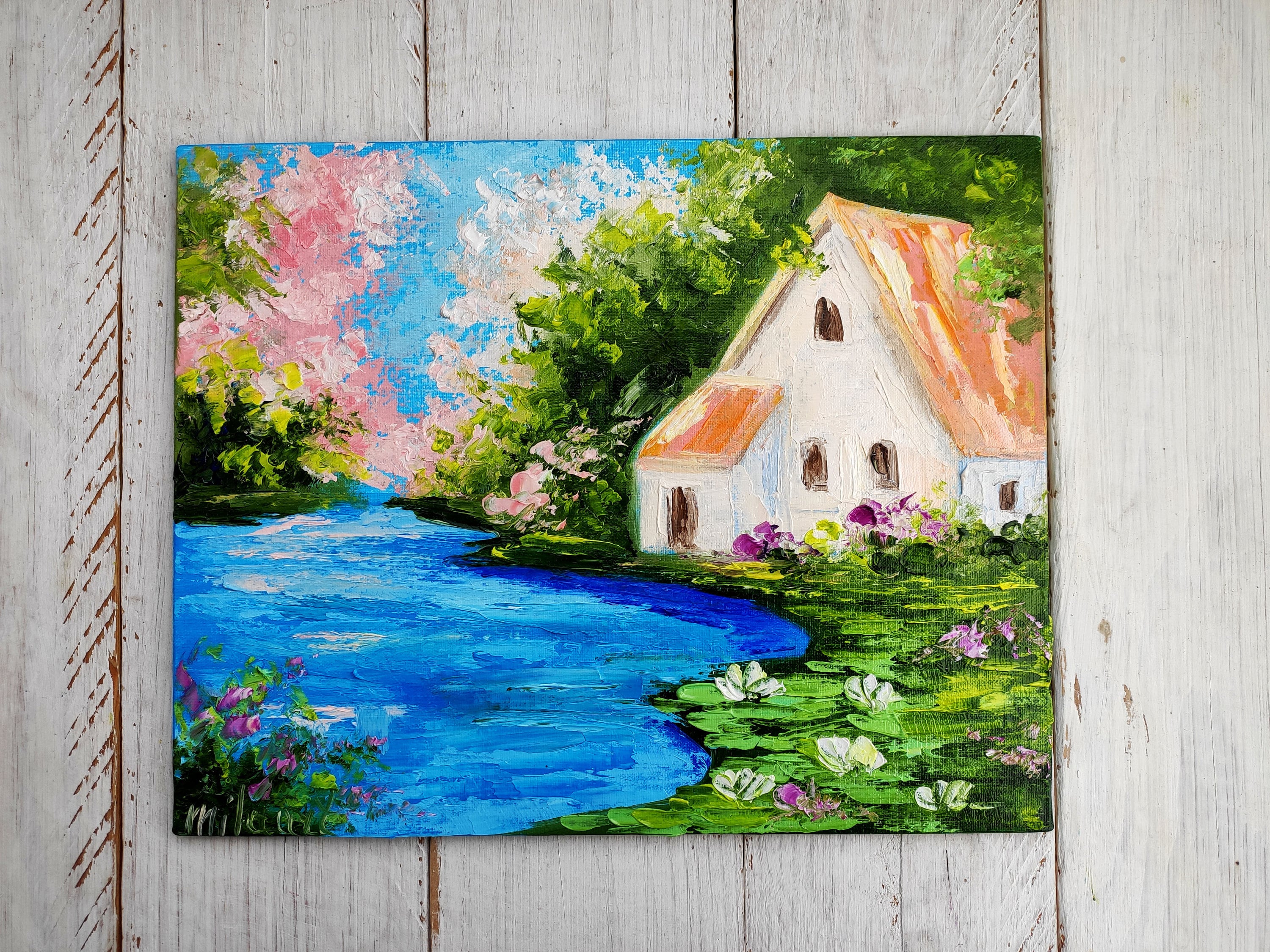 油絵　油彩画　風景画　インテリア　おしゃれ　アート　湖畔　厚塗り　インパスト 湖畔の家 オリジナル油絵キャンバス インパスト 自然の風景 湖と