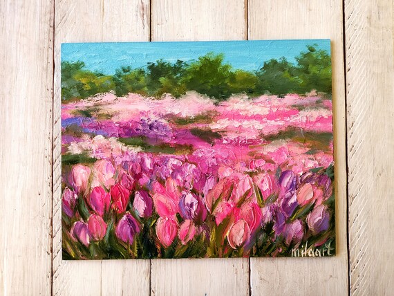 Small abstract canvas art, pink mini painting, impasto artwork, floral abstract art, meadow flowers field art, small house painting
