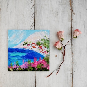 Amalfi coast 4 x 4 oil painting Birthday presents Positano Italy art Scenic landscape Impasto Mini canvas painting Seaside artwork