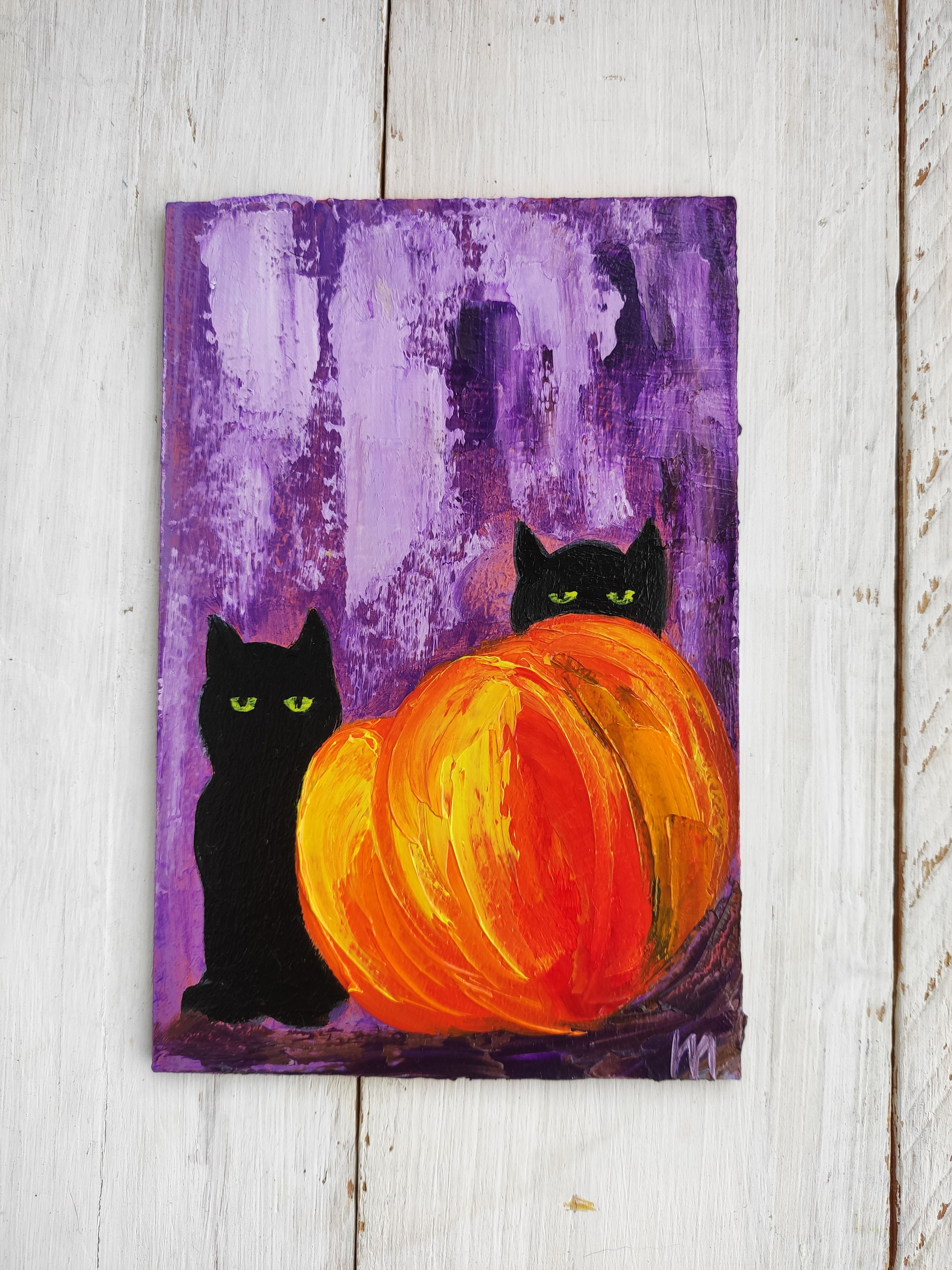 Black Cat Small Art Pumpkin Halloween Painting Thanksgiving - Etsy Sweden