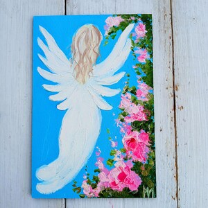 守護天使アート オリジナル油絵 小さなキャンバス 彼女へのポジティブな贈り物 名前の絵 天使の羽 グリーティングカード 厚塗り 感動的なアート