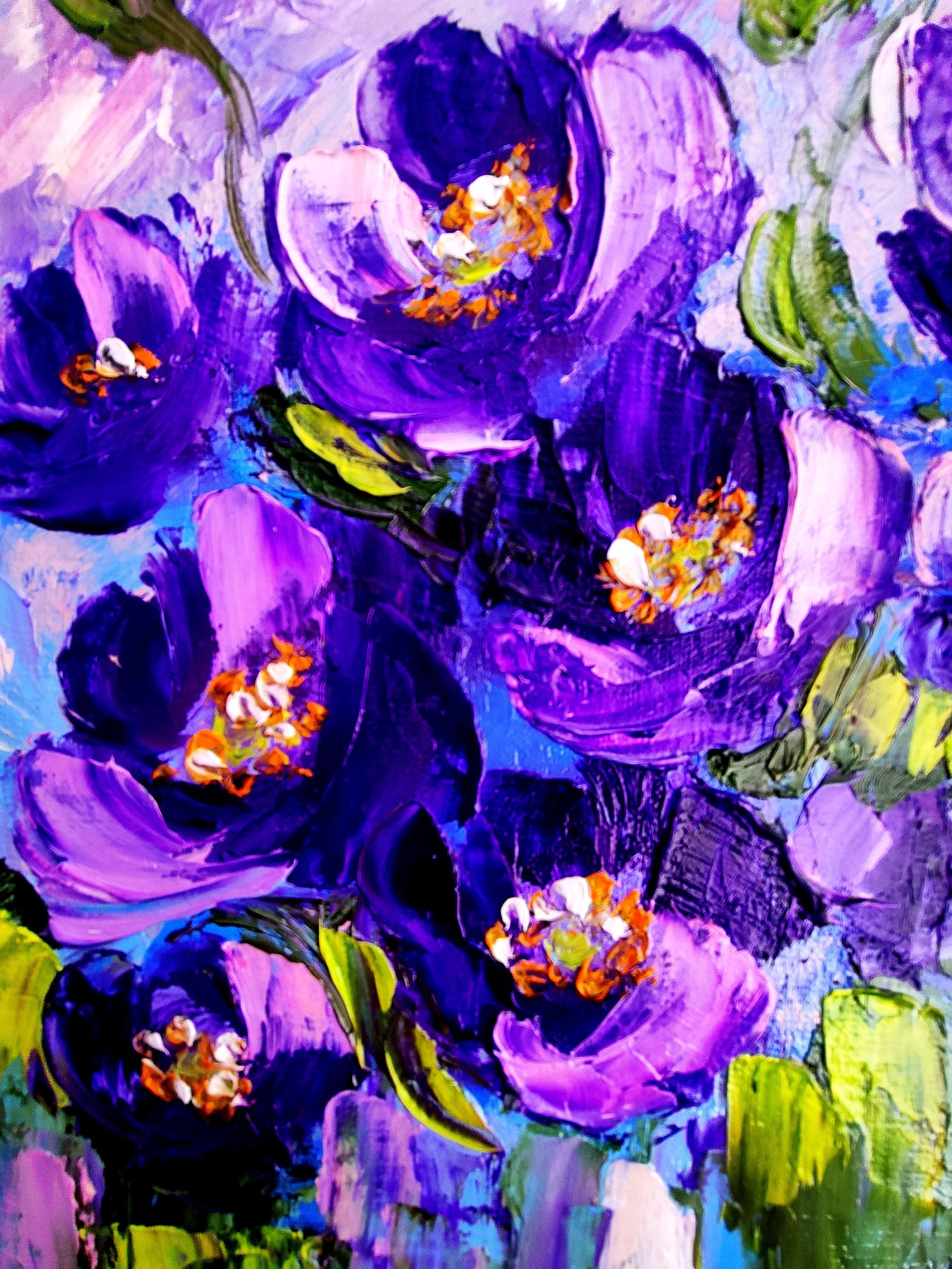 Purple Poppy Flowers Impasto Painting, Original Oil Painting