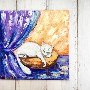 Peinture de chat Mini peinture sur toile Œuvre d’art de chat blanc Idées cadeaux Amoureux de chat Peinture de chat Toile preppy Art d’Ukraine par MilaPollyart