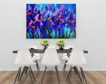 Iris painting, Extra large abstract art, oil paintings on canvas, meadow flowers wall art, impasto artwork, hallway decor, above bed art