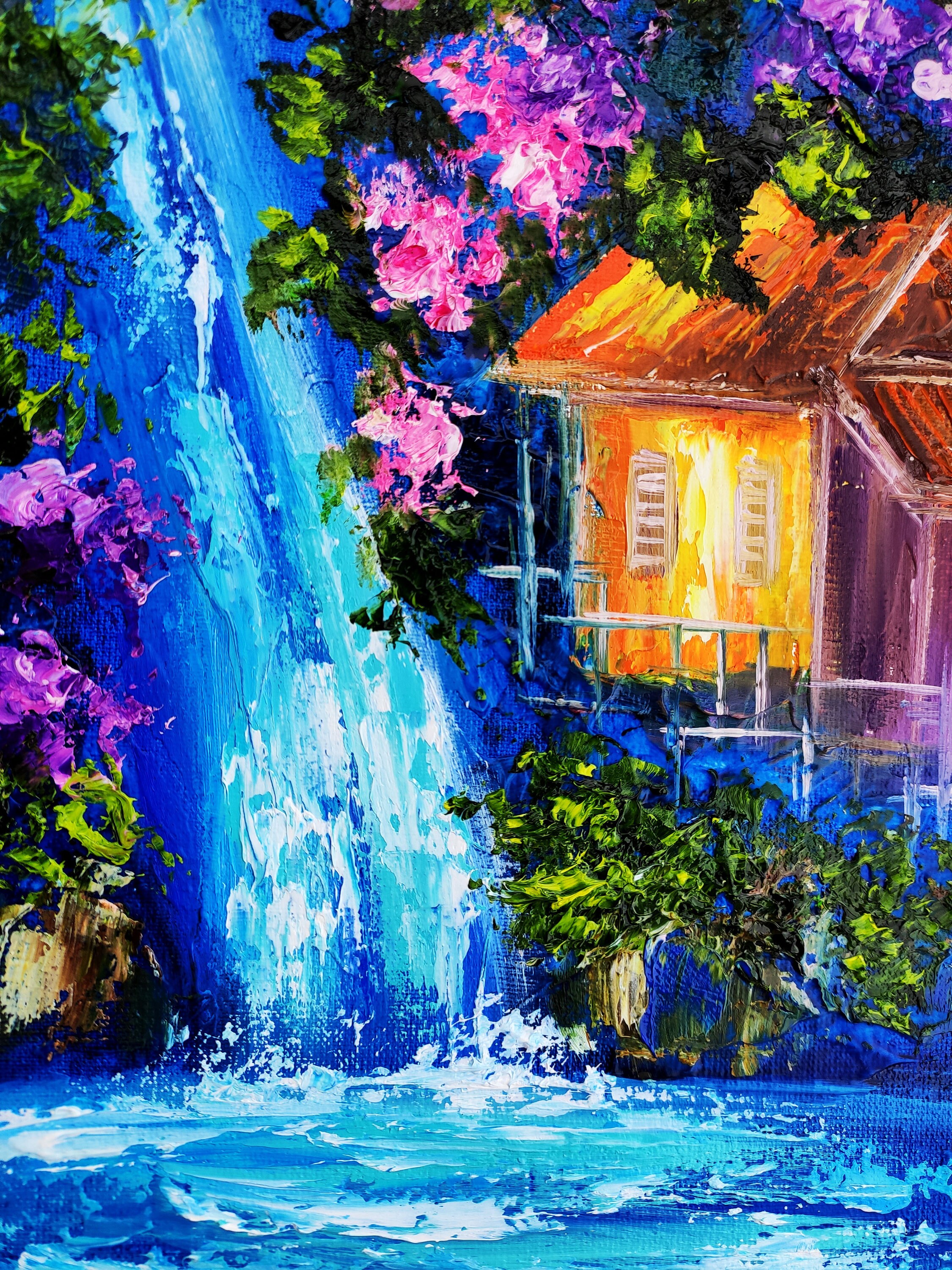 Waterfall Painting with Hawaiian Cottage - Healing Retreat Wall Art Canvas