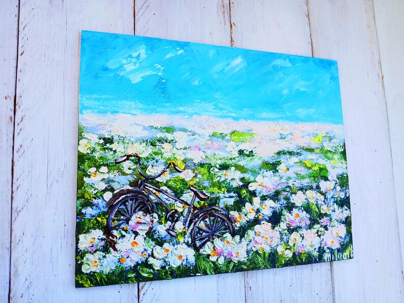 Fahrrad im Blütengarten Miniatur-Ölgemälde Impasto Landschaft Provence Kunst Bauernhof Landschaft Hinterhofgarten Kleine Blumenmalerei Bild 5