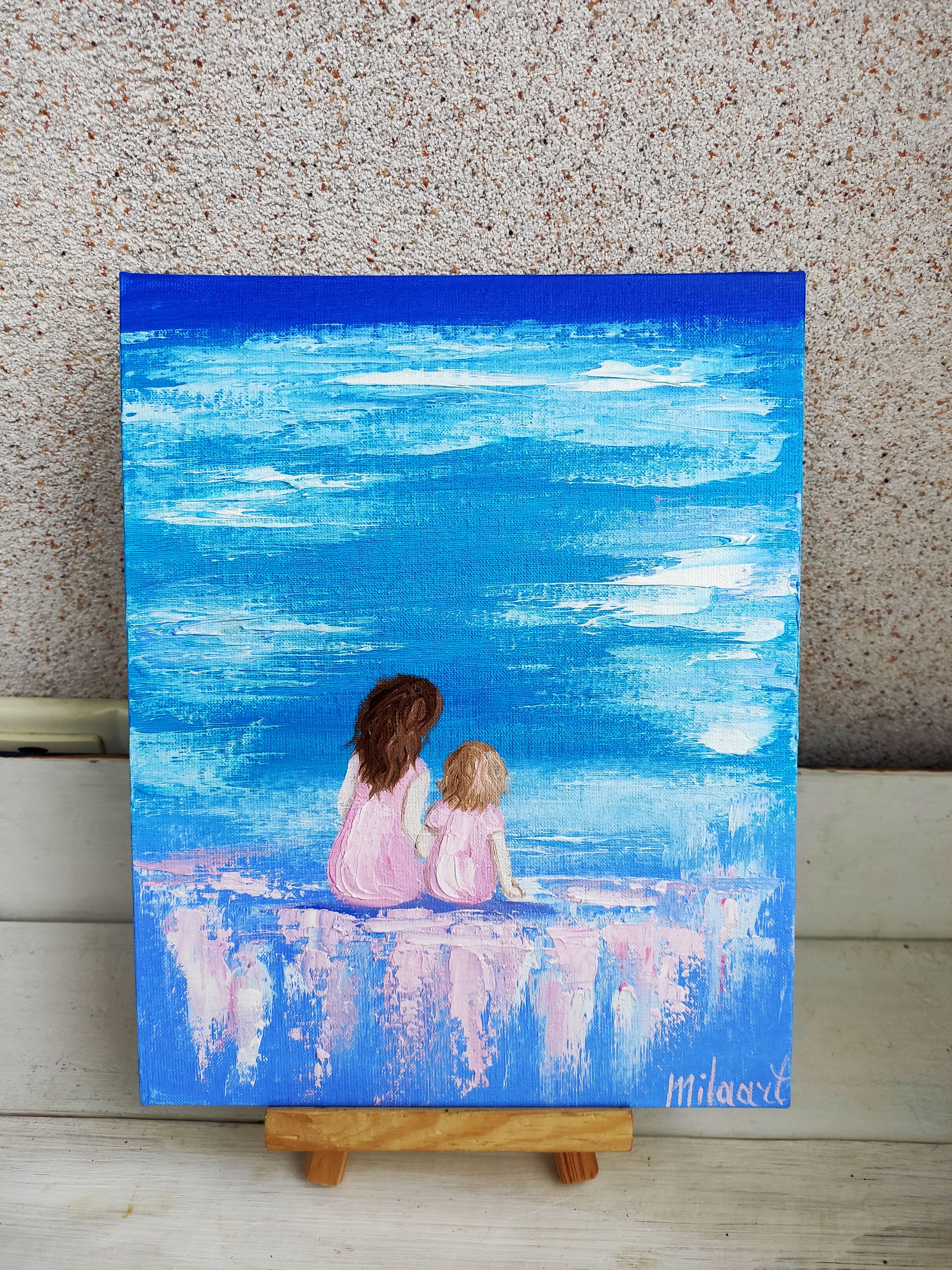母と娘 ミニチュア絵画 オリジナル油絵キャンバス ビーチの風景 素敵な