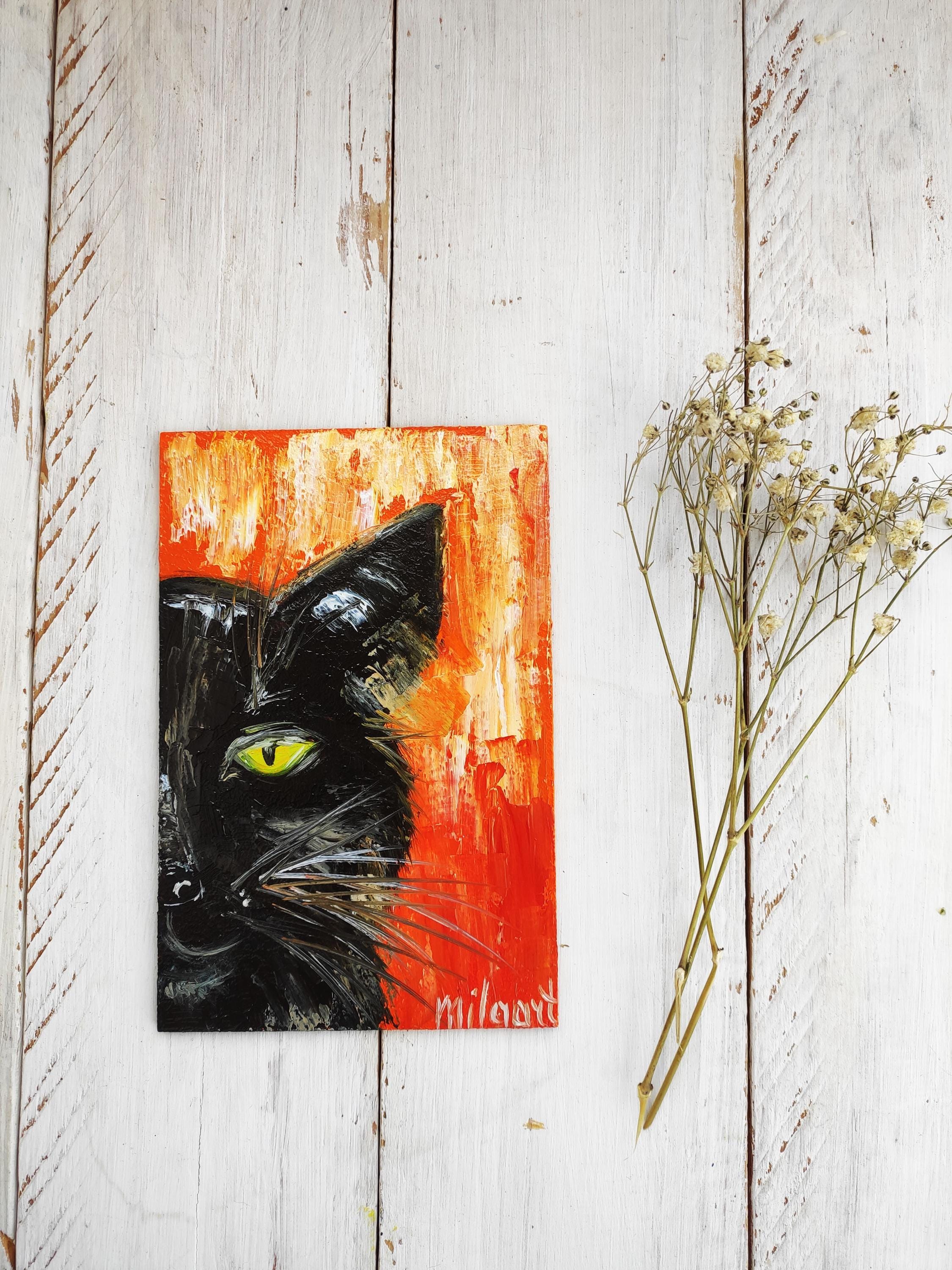 黒猫アート、不気味な装飾、小さな猫の絵、6x4 のボードに描かれ