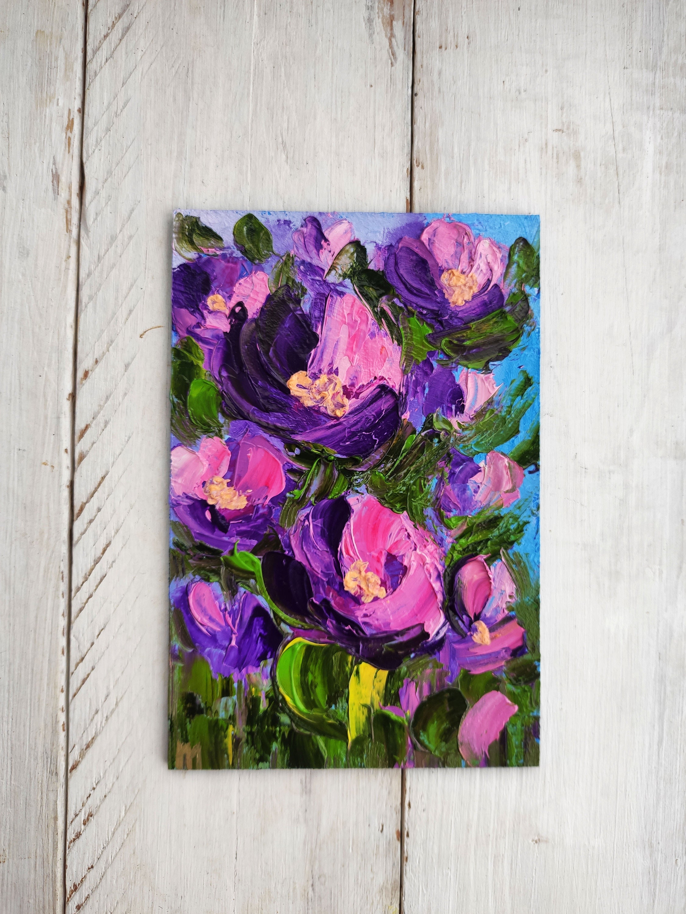 ピンク紫の抽象的な花の絵画、インパストアートワーク、小さな