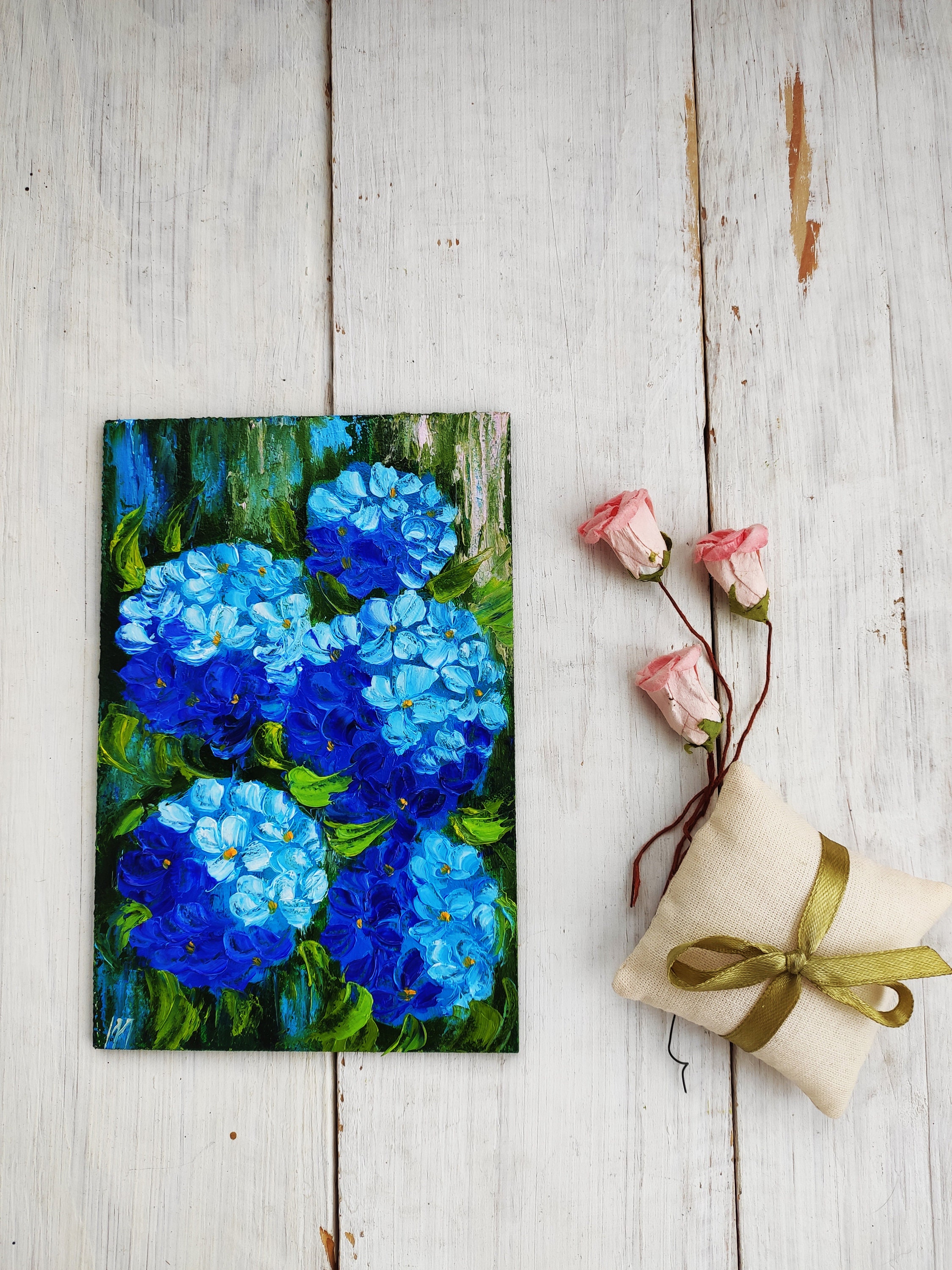 油彩画 花瓶の花 金色フレーム紫陽花アジサイ自筆サインあり