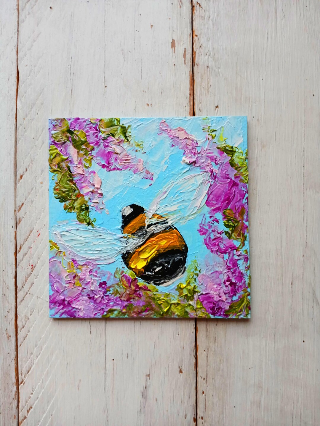 Bumble Bee Painting Impasto Honeybee Small Artwork Insect Floral Art ...