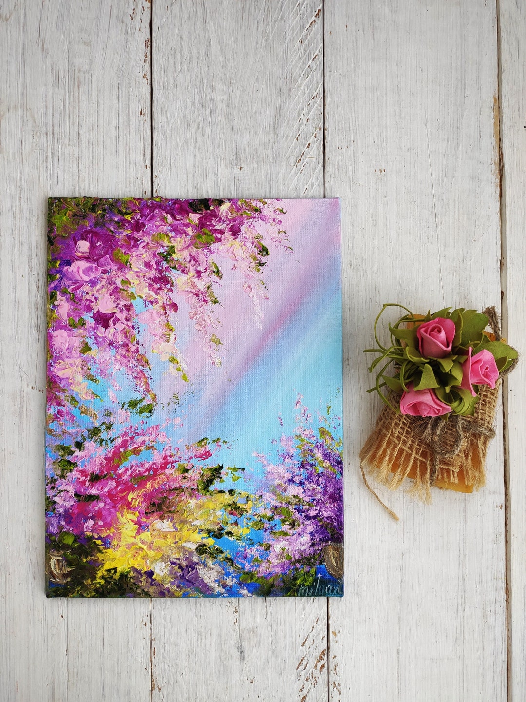 絵画 Oil painting of beautiful flowers. Floral Impasto Abstract Landscape Miniature Oil Painting on Canvas